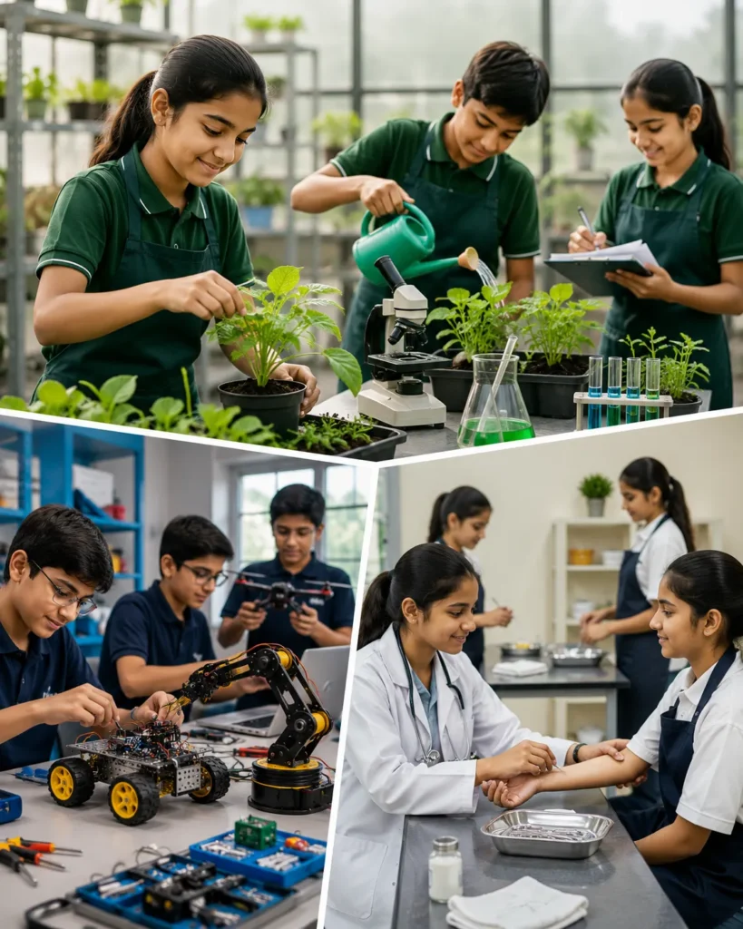 Why is a Composite Skill Lab Important for Schools? A Composite Skill Lab bridges the gap between classroom learning and practical application by encouraging students to think critically, solve problems, innovate, and collaborate. It helps schools implement CBSE Skill Education while creating a future-ready learning environment. The NCF-SE 2023 identifies three major areas of skill-based learning that every school should promote: Work with Life Forms – Agriculture, health, nutrition, and environmental sustainability. Work with Machines and Materials – Robotics, Artificial Intelligence (AI), coding, electronics, engineering, design thinking, and manufacturing. Work on Providing Human Services – Hospitality, healthcare, financial literacy, communication, and entrepreneurship.