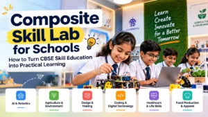 Composite Skill Lab for Schools featuring Indian students learning AI, robotics, coding, agriculture, and practical vocational skills through hands-on activities.