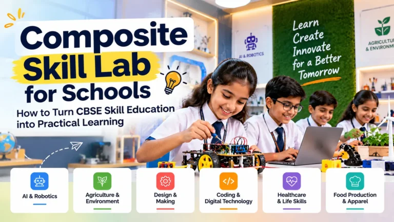 Composite Skill Lab for Schools featuring Indian students learning AI, robotics, coding, agriculture, and practical vocational skills through hands-on activities.